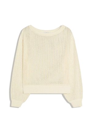 Maglione lavorato a maglia color crema con trama larga, maniche lunghe a palloncino, polsini a coste e orlo a coste.
