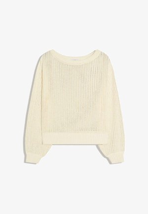 Striktrøje i cremefarve med løs vævning, lange ballonærmer, ribstrikkede manchetter og ribstrikket kant.