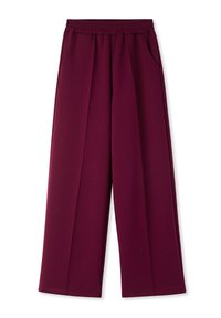 Pantaloni ampi bordeaux con vita elastica, tasche laterali e texture liscia. Presentano cuciture semplici per una vestibilità comoda.