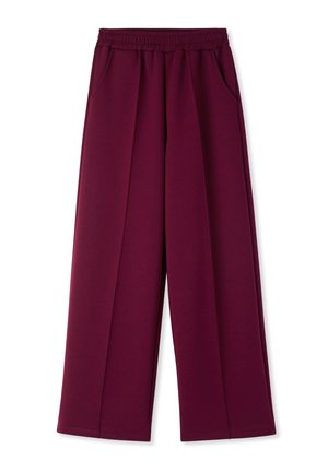 Pantaloni ampi bordeaux con vita elastica, tasche laterali e texture liscia. Presentano cuciture semplici per una vestibilità comoda.