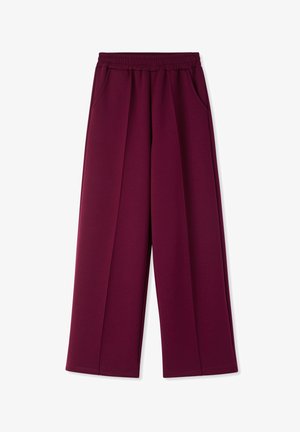 Pantaloni ampi bordeaux con vita elastica, tasche laterali e texture liscia. Presentano cuciture semplici per una vestibilità comoda.