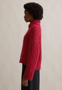 Roter Mohair-Pullover mit hohem Kragen und gerippter Textur. Das Design zeichnet sich durch eine lockere Passform und lange Ärmel aus, wie im Profil präsentiert.