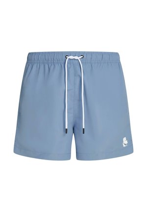 Lichtblauwe zwembroek met elastische tailleband en witte trekkoord, met een klein wit logo op het onderste rechterbeen.