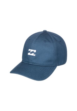 Navy blue baseball cap with curved brim and white wave logo embroidered on front panel, isolated on white background.