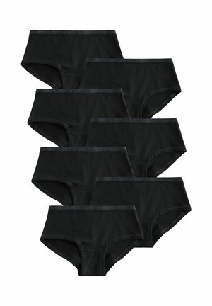 Sieben Paare schwarzer Baumwoll-Damenslips im Brief-Stil, angeordnet in einem versetzten Raster auf weißem Hintergrund.