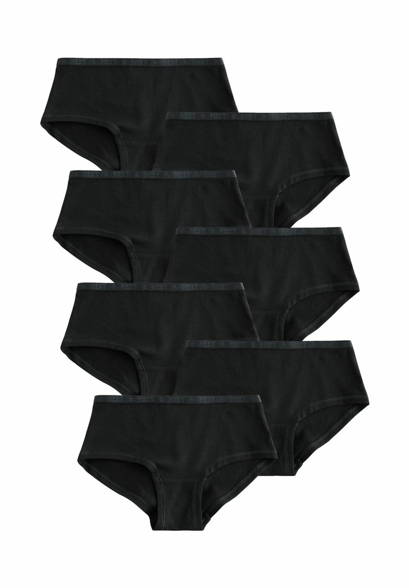 Svarta bomullshipsterunderkläder med en mjuk textur, försedda med ett enkelt elastiskt midjeband. Set om sju, alla identiska i design.