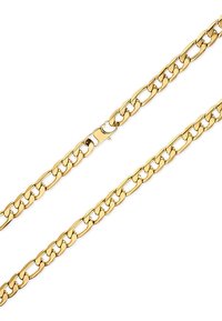 Collana in metallo color oro con catena caratterizzata da anelli allungati e intrecciati. Chiusura semplice e funzionale che garantisce una chiusura sicura.