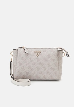 Light beige handbag featuring a textured design, gold-tone hardware, and a detachable shoulder strap. Emblematic logo detail on front.