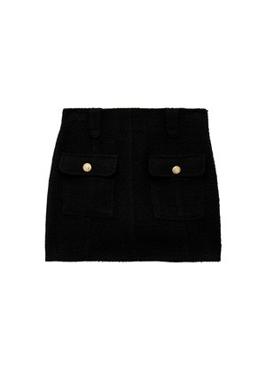 Zwarte tweed minirok met twee voorzakken met gouden knopen, gestructureerd ontwerp en textuurstof voor extra detail.