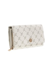 Portefeuille gris clair avec une finition texturée, motif floral embossé, quincaillerie dorée et un compartiment zippé.