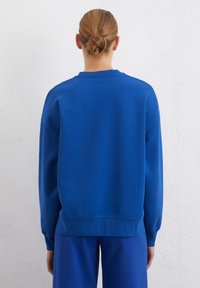 Blue crewneck sweatshirt with a relaxed fit, ribbed cuffs, and hem. Smooth texture, minimal detailing, worn over matching blue bottoms.