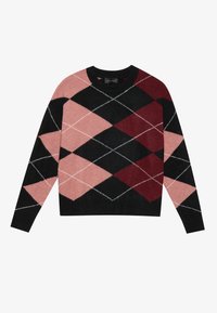 Pull en maille argyle noir et rose avec un col rond et des manches longues. Présente des accents en forme de diamant blancs et une finition douce et texturée.