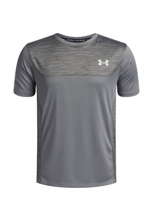 Miestenska šedá športová košeľa s krátkym rukávom, s textúrovaným yoke a bočnými panelmi, s bielym logom Under Armour na hrudi.