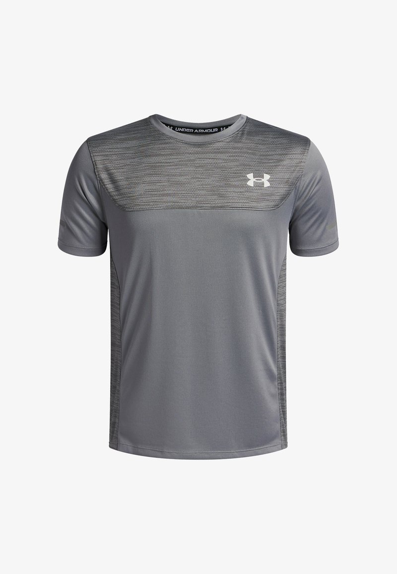 Pánska šedá športová košeľa s krátkym rukávom, s textúrovaným hrdlom a bočnými panelmi, s bielym logom Under Armour na hrudi.