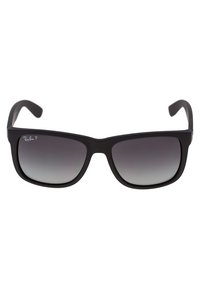 Ochelari de soare din plastic negru, cu cadru pătrat și lentile cu degradé, având un logo pe partea stângă și o textură netedă, mată.