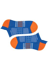 Niebieskie i pomarańczowe skarpetki z kropkowanym wzorem, paskowanymi akcentami i wyściełanym piętą. Wykonane z rozciągliwego materiału tekstylnego.