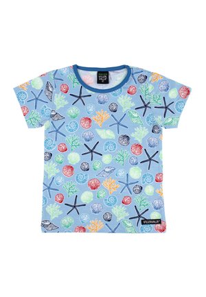 Light blue children's T-shirt with multicolored sea-themed pattern including starfish, shells, coral, and spiral seashells.