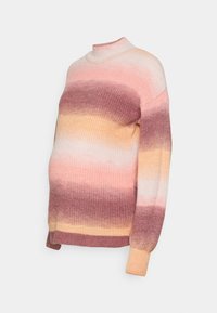 Sweater de maternidade em malha com gola alta; apresenta um padrão de degradê em tons de rosa, laranja e púrpura; ajuste descontraído com mangas longas.