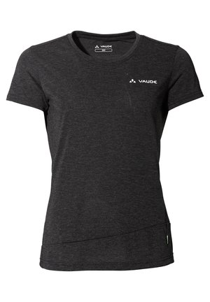 Schwarzes T-Shirt mit kurzen Ärmeln aus weichem Material, mit rundem Ausschnitt und abgerundetem Saum. VAUDE-Logo in Weiß auf der Brust aufgedruckt.