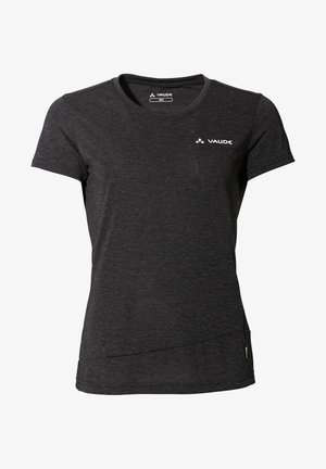 Schwarzes T-Shirt mit kurzen Ärmeln aus weichem Material, mit rundem Ausschnitt und abgerundetem Saum. VAUDE-Logo in Weiß auf der Brust aufgedruckt.