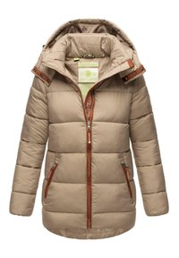 Beige padded jacket with a hood, featuring brown accents, zippered pockets, and a logo tag on the inner lining. Smooth, textured exterior.