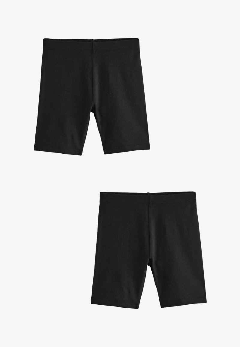 Des shorts noirs en mélange de coton avec une taille élastique, une coupe à mi-genoux et une texture lisse et douce. Pas de marque ni de motifs visibles.