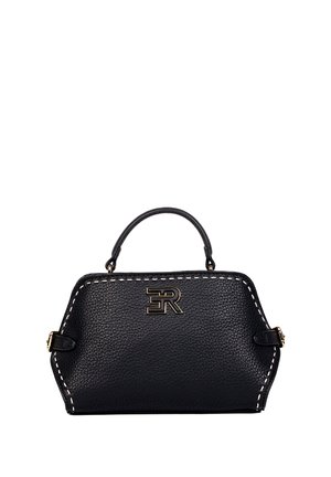 Borsa a mano in pelle nera testurizzata con manico superiore, cuciture bianche lungo i bordi e logo "ER" stilizzato in metallo dorato sulla parte anteriore.