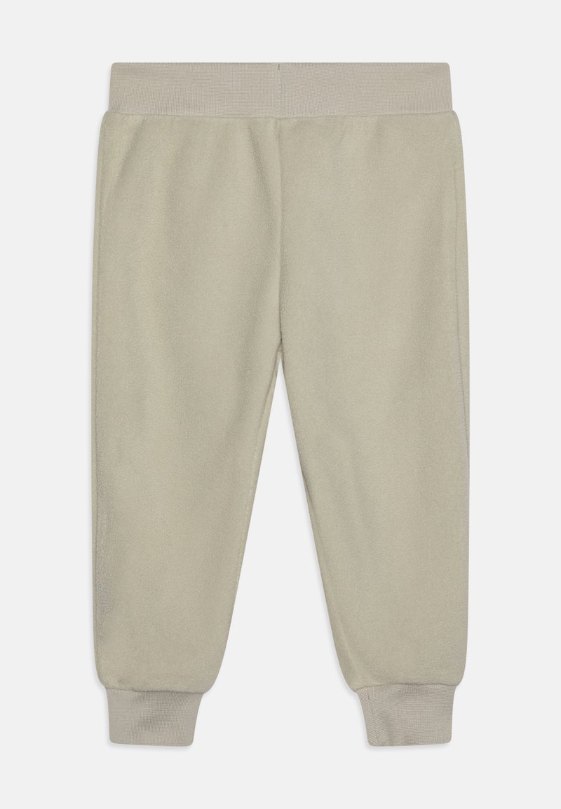 Fleece sweatpants in light green with a soft texture, featuring a ribbed waistband and cuffs for a snug fit.