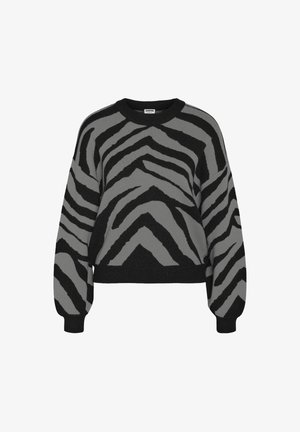 Szary sweter z wyrazistymi czarnymi paskami zebry, okrągłym dekoltem, długimi rękawami oraz prążkowanymi mankietami i dolnym krawędzią dla dodatkowej tekstury.