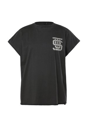 Sort kortærmet T-shirt med rund hals og et gråt stiliseret grafisk motiv på venstre brystområde.