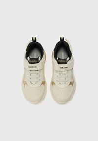 Witte en gouden sneakers met een vetersluiting en klittenbandsluiting, geperforeerde neus, gladleren bovenkant en een zwarte binnenvoering. Geox-logo zichtbaar.