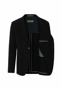 Schwarze Blazer mit Reverskragen, einem Knopfverschluss und zwei Vorderaschen. Das Innenfutter hat eine kontrastierende blaue Färbung und Akzentdetails.