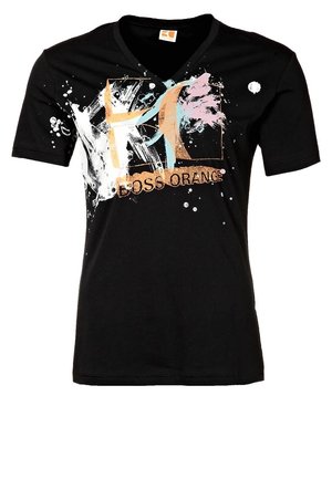 Sort kortærmet T-shirt i bomuld med V-udskæring. Har et farverigt grafisk design med splatters og teksten "BOSS ORANGE".