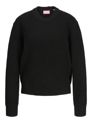 Sweater preto de malha com uma textura canelada, gola redonda e mangas longas. Apresenta um acabamento ajustado e uma etiqueta com o nome da marca.
