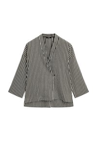 Haut de style kimono à rayures noires et blanches avec des manches trois quarts, coupe décontractée et décolleté en V. Doté d'une fermeture à lacet lâche à la taille.