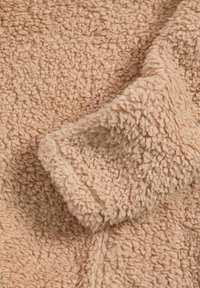 Tessuto in stile teddy di un morbido beige con una superficie testurizzata e soffice. Presenta un bordo arrotolato e un aspetto accogliente e invitante.