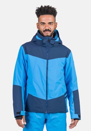 Blaue und marinefarbene, farblich abgesetzte Skijacke mit Kapuze, Reißverschluss, verstellbaren Manschetten und einer Seitentasche. Weiches, wasserabweisendes Material.
