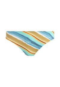 Bikini bottom featuring a multicolored wavy pattern with blue, gold, and white stripes. Made of stretch fabric with seams.