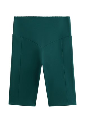 Højtaljede, mørkegrønne cykelshorts med en V-formet søm detalje foran og glat, tætsiddende stof.