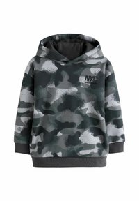 Sötétzöld camo mintás kapucnis pulóver szürke részletekkel. Puha anyagból készült, laza fazonú, bordázott mandzsettákkal és szegéllyel. A mellkason logó található.