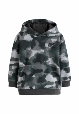 Hooded sweatshirt in dark green camo pattern with gray accents. Soft fabric, relaxed fit, ribbed cuffs and hem. Features a logo on the chest.