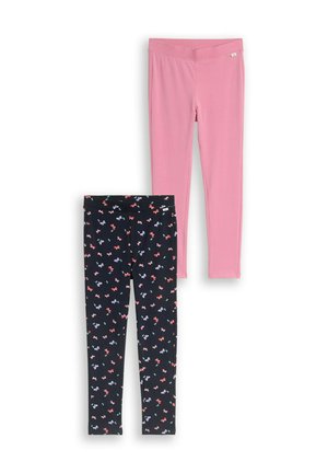 Twee paar kinderleggings, één effen roze en één zwart met een klein kleurrijk vlindermotief.