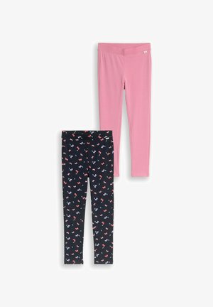Twee paar kinderleggings, één effen roze en één zwart met een klein kleurrijk vlindermotief.