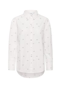 Witte button-up shirt met zwarte wolkenpatronen, lange mouwen, een kraag en een afgeronde zoom. Gemaakt van lichte stof.