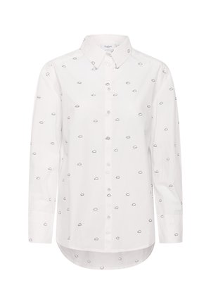 Bela srajca s gumbi, ki ima črne oblake, dolge rokave, ovratnik in ukrivljen rob. Narejena je iz lahkotnega materiala.