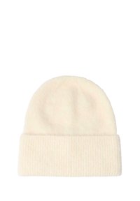 Beanie di colore crema lavorata a maglia con una finitura morbida e texturizzata e un polsino a coste. Tessuto caldo e leggero adatto per il clima più freddo.