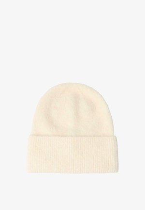 Beanie di colore crema lavorata a maglia con una finitura morbida e texturizzata e un polsino a coste. Tessuto caldo e leggero adatto per il clima più freddo.