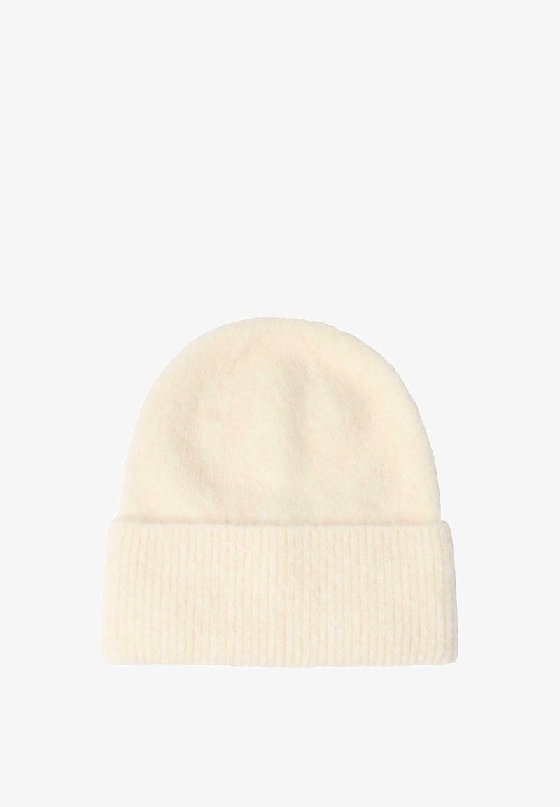 Beanie di colore crema lavorata a maglia con una finitura morbida e texturizzata e un polsino a coste. Tessuto caldo e leggero adatto per il clima più freddo.