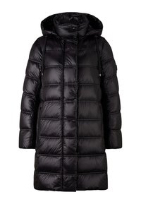 Czarna pikowana długa puchowa kurtka z kapturem, zapięciem na zatrzaski i zamek błyskawiczny z przodu, bocznymi kieszeniami na zamek oraz regulowanymi sznurkami przy kapturze.
