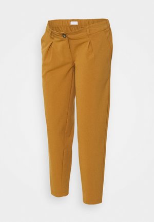 Mosterdgele taps toelopende broek met plooien aan de voorkant, zijzakken, knoopsluiting en elastische tailleband aan de achterkant.